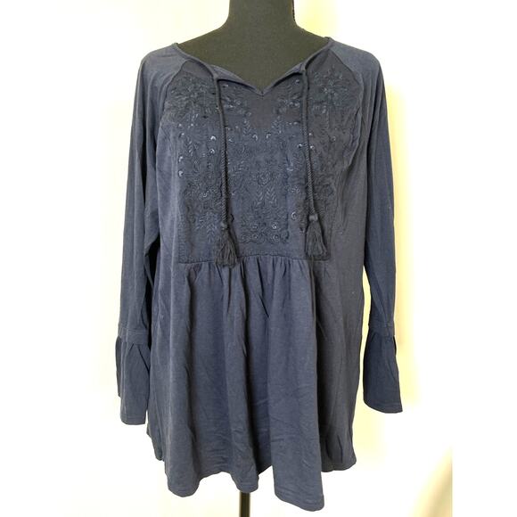 J.Jill Women's Embroidered Boho Western Casual Cotton Modal Blend Top Blue M - Picture 1 of 10